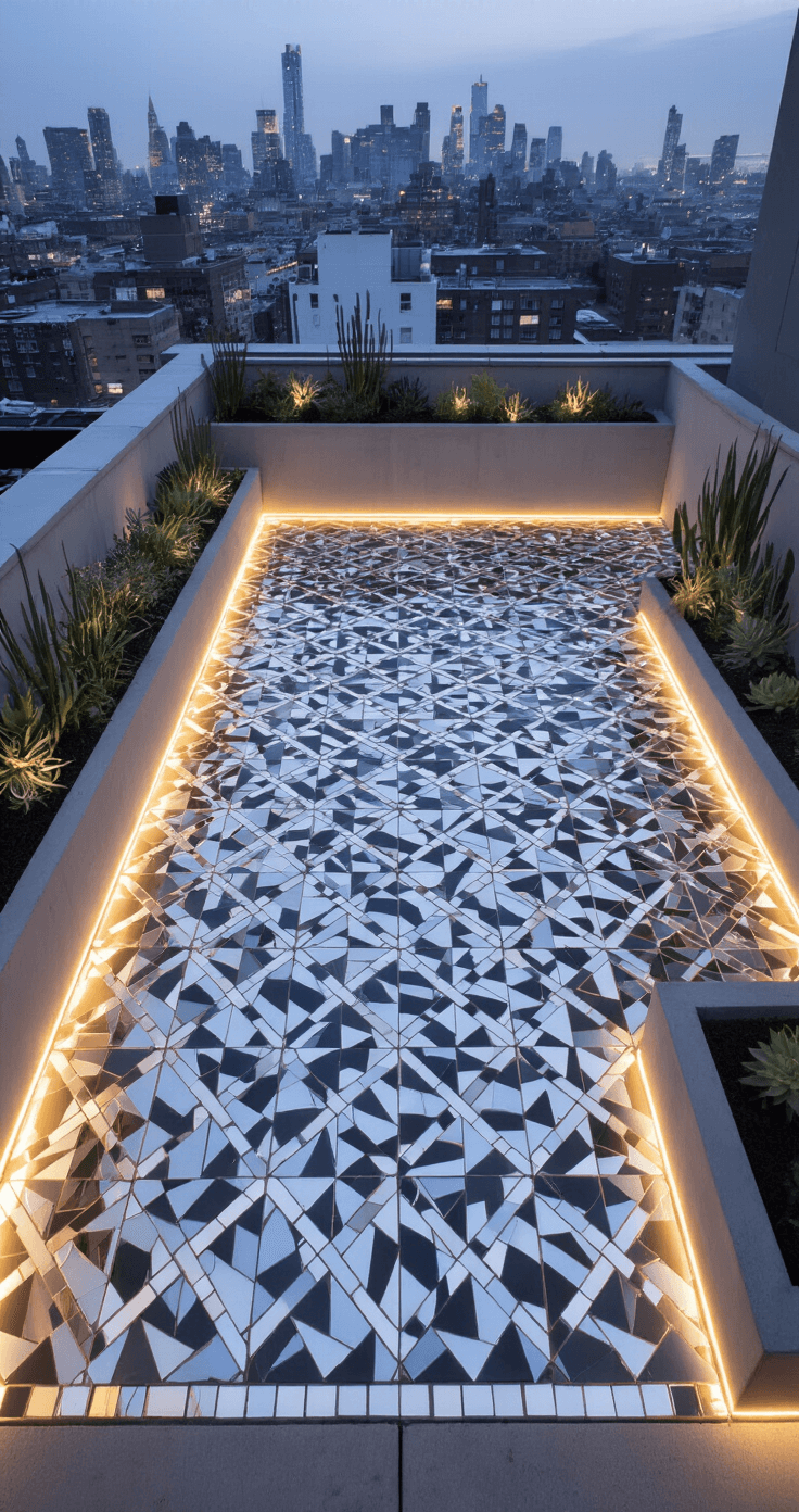 A modern rooftop garden at twilight featuring a geometric mosaic floor made of repurposed mirror and metallic tiles, illuminated by LED strip lighting. Minimalist concrete planters with architectural succulents are arranged against an urban skyline backdrop, emphasizing the sophisticated, urban chic mood.