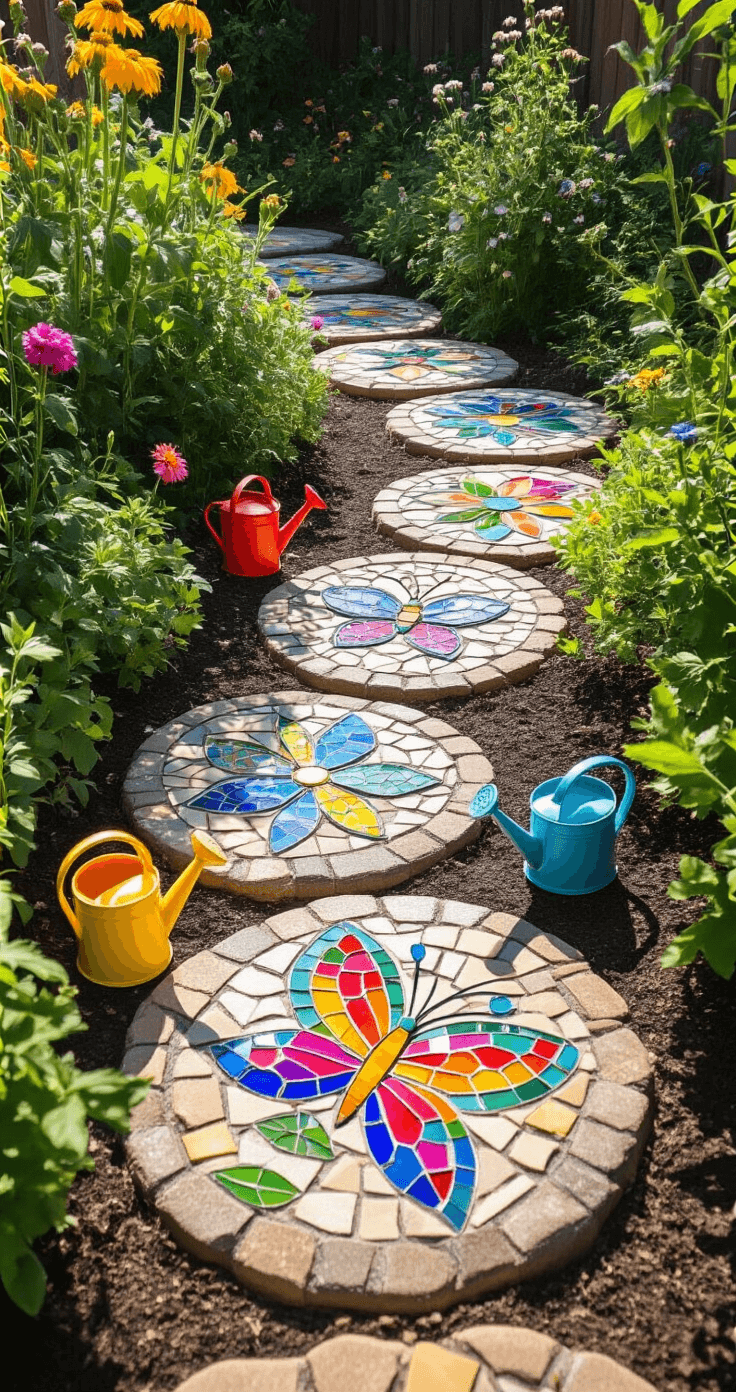 A whimsical children's garden corner featuring colorful mosaic stepping stones with butterfly and flower designs, surrounded by kid-sized watering cans and bright painted garden tools, all captured at child's eye level in bright midday sun.