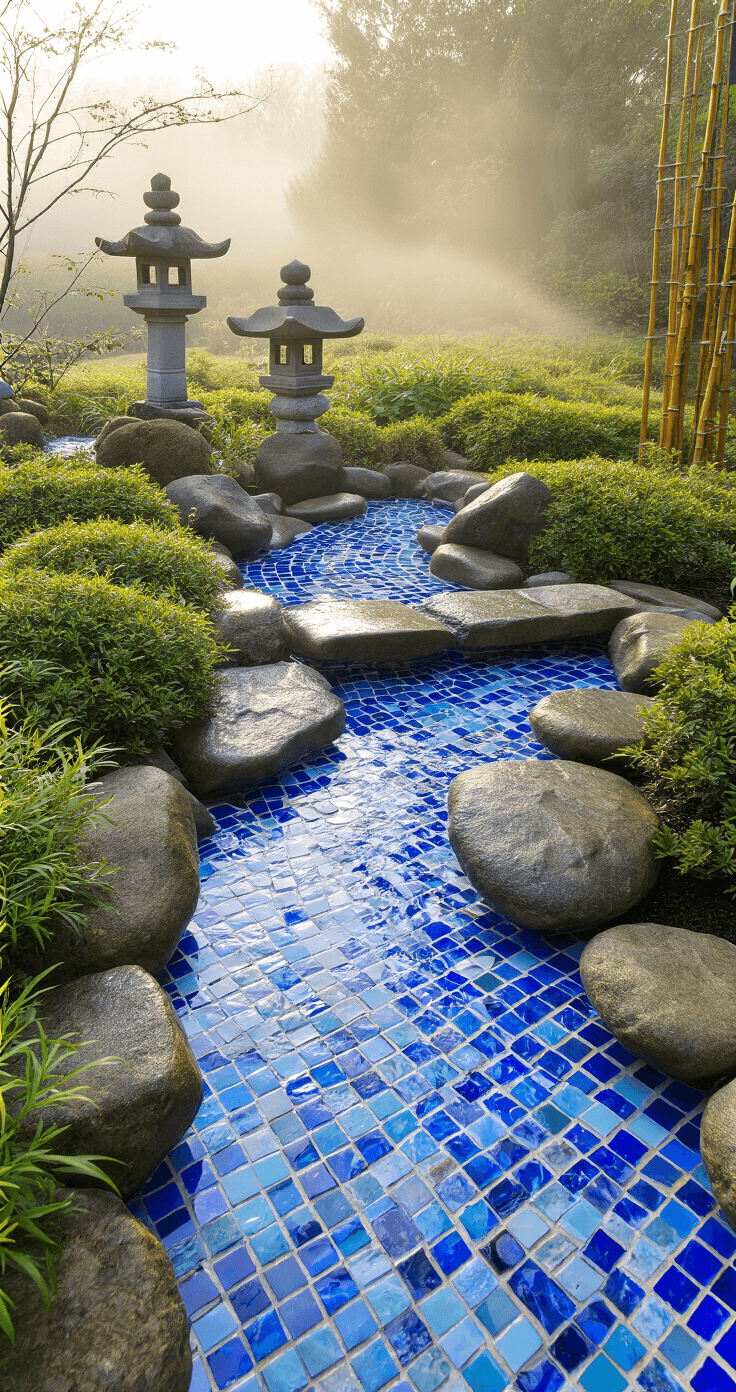 A serene Japanese-inspired meditation garden at dawn, featuring a mosaic water feature with recycled blue glass tiles, stone lanterns, and bamboo elements, enveloped in morning mist. The image is captured from a low angle, emphasizing the tranquil atmosphere with soft, early morning light and subtle rim lighting.