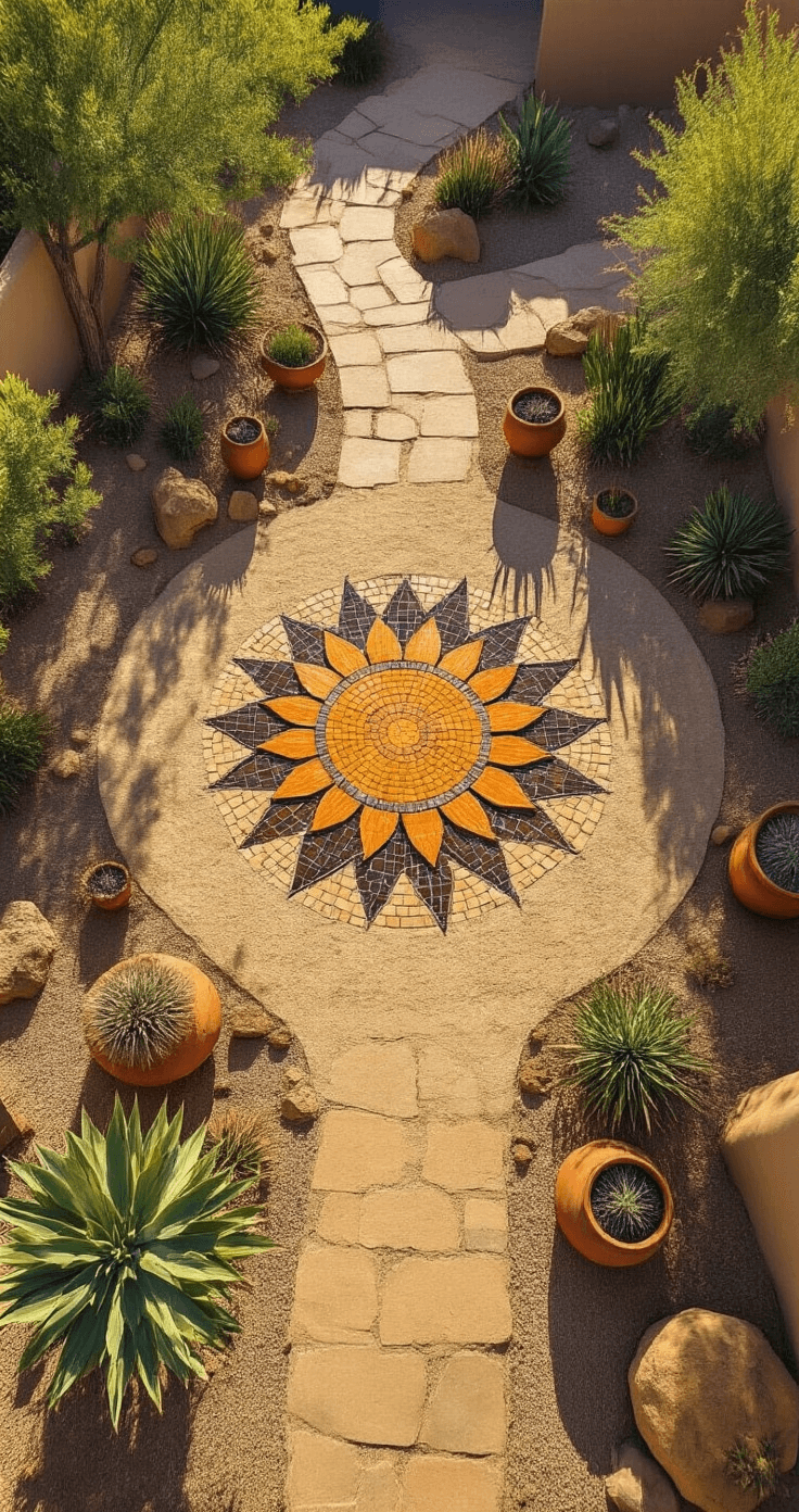 Aerial view of a desert xeriscape garden featuring a large mosaic sun pattern made of terracotta, golden, and rust-colored tiles, surrounded by drought-resistant plants in copper containers and sandy pathways, illuminated by dramatic hard afternoon light casting strong shadows.