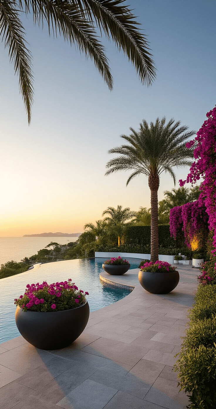 A wide-angle view of a sunlit resort-style pool deck featuring an infinity pool, large fiberglass planters, tall palm trees, hibiscus bushes, and cascading bougainvillea, all on natural stone decking during golden hour with soft lighting and dramatic shadows.