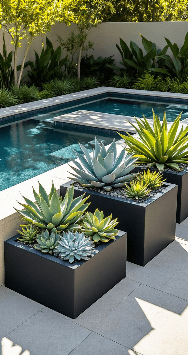 Close-up of three oversized geometric concrete planters in a contemporary pool corner, showcasing architectural succulents and silver-blue agave against smooth limestone coping, highlighted by morning light and strong shadows.