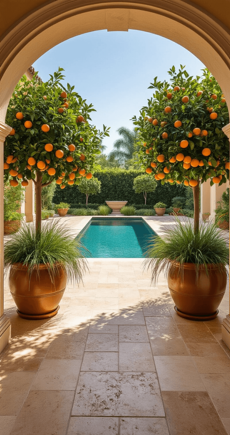 A symmetrical Mediterranean pool terrace featuring terracotta planters with citrus trees, ornamental grasses in bronze containers, and warm honey-toned tumbled travertine decking, all under bright midday lighting.