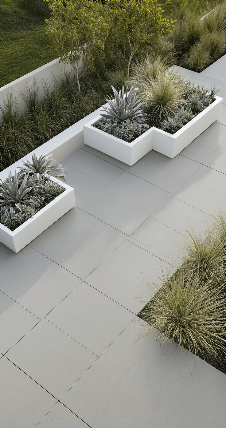 Overhead view of a modern pool deck featuring asymmetrical white fiberglass planters with drought-tolerant silver-leafed plants and coastal grasses, on smooth warm gray concrete. The scene is illuminated by soft morning light, highlighting clean lines and a monochromatic palette with subtle texture variations.