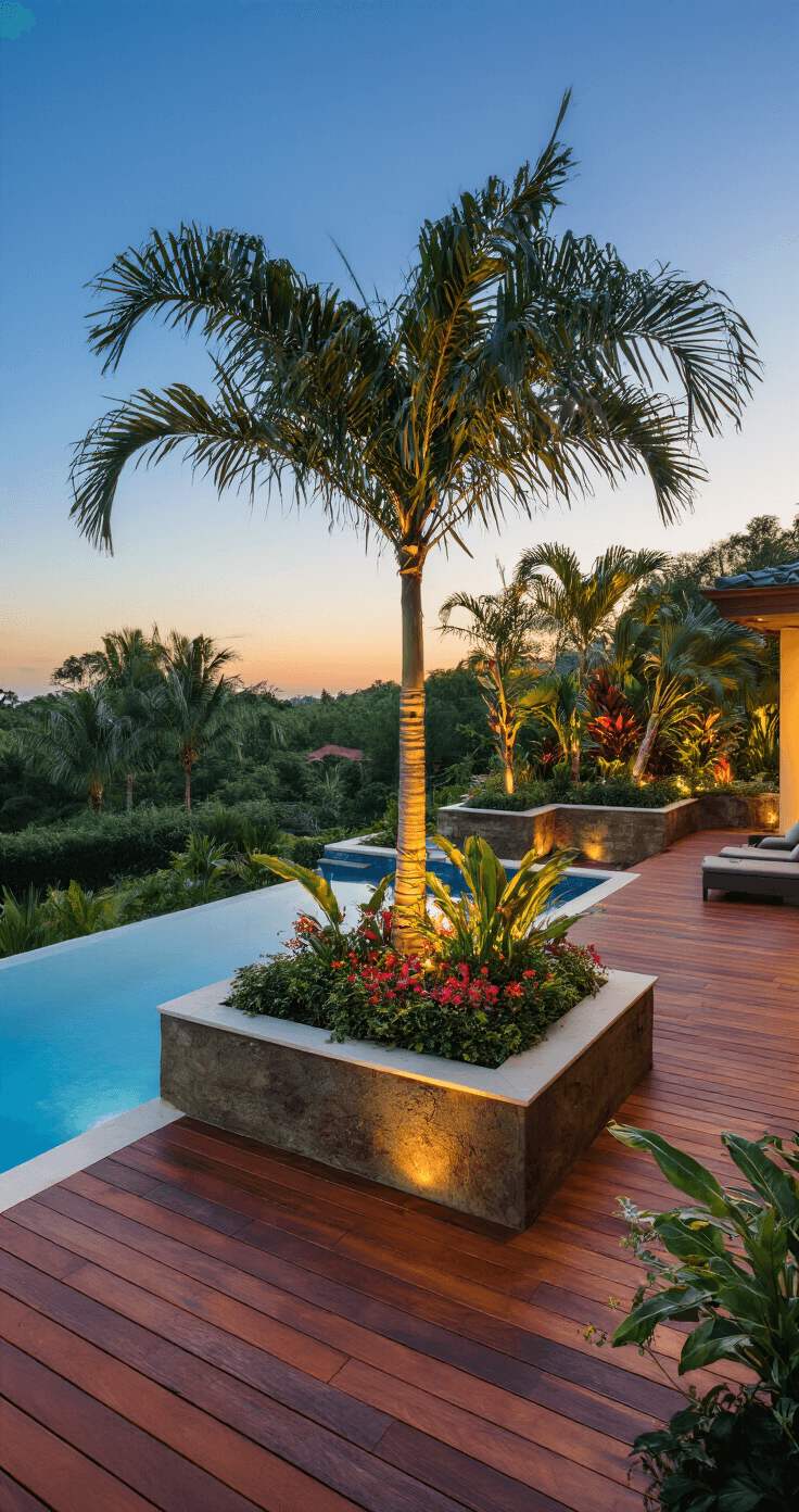 Luxurious poolside retreat featuring a wide-angle view of a multi-level planter installation with mature palms and flowering tropicals, set against a sunset backdrop. Brazilian hardwood decking in rich auburn tones is highlighted by dramatic side lighting, showcasing plant silhouettes from an elevated perspective, with a warm color palette of deep greens and rich woods.