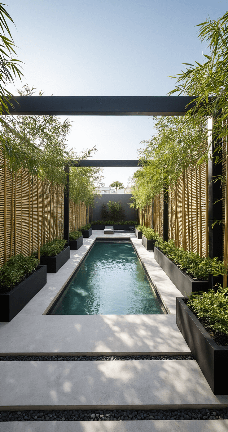 A minimalist lap pool environment featuring a linear arrangement of black rectangular planters with structured bamboo, set against bleached concrete decking. Harsh noon light casts dramatic shadows, emphasizing a monochromatic scheme with green accents.