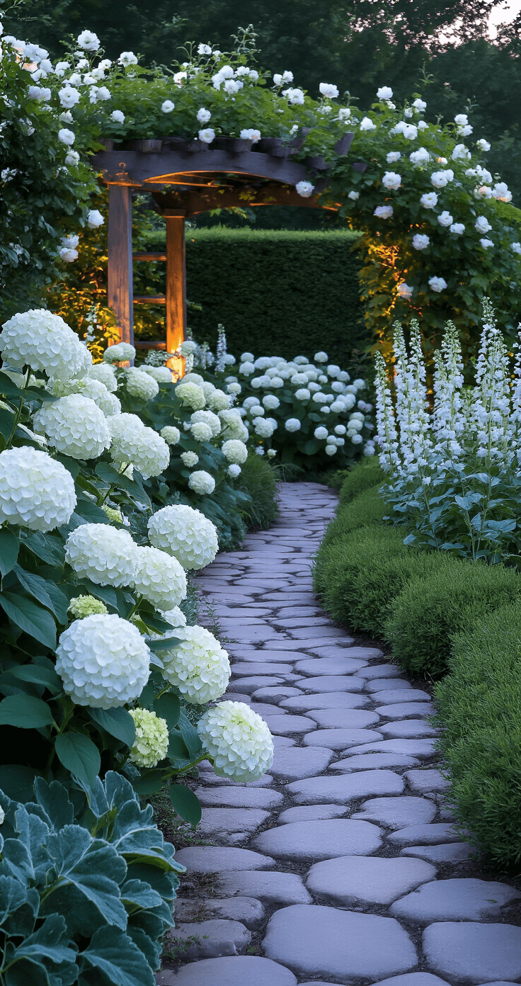 A serene twilight garden scene featuring a winding stone path through luminous white blooms, with glowing Annabelle hydrangeas in the foreground and soft bokeh of distant white roses on a wooden arch, illuminated by warm spotlights and cool evening light.