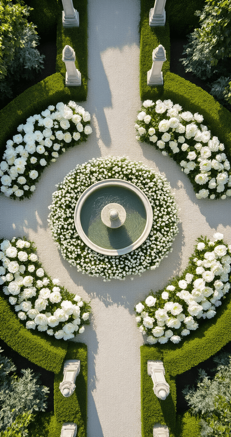 Overhead view of a symmetrical white garden divided into quadrants by crushed shell paths, featuring a centered marble fountain surrounded by concentric circles of blooming white peonies and alliums, corner towers of white climbing roses on weathered obelisks, and silver-leafed artemisia borders, all illuminated by bright midday light.