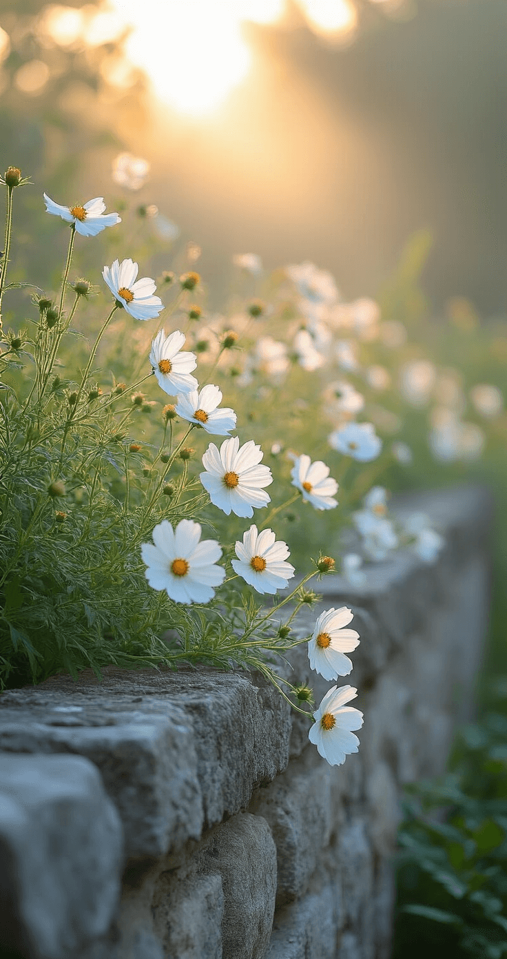A low-angle close-up of a weathered stone wall adorned with dewy white cosmos and moonflowers, illuminated by early sunlight filtering through white digitalis spires, with soft floral textures contrasting against the rough stone, set in a cool morning atmosphere with subtle fog.