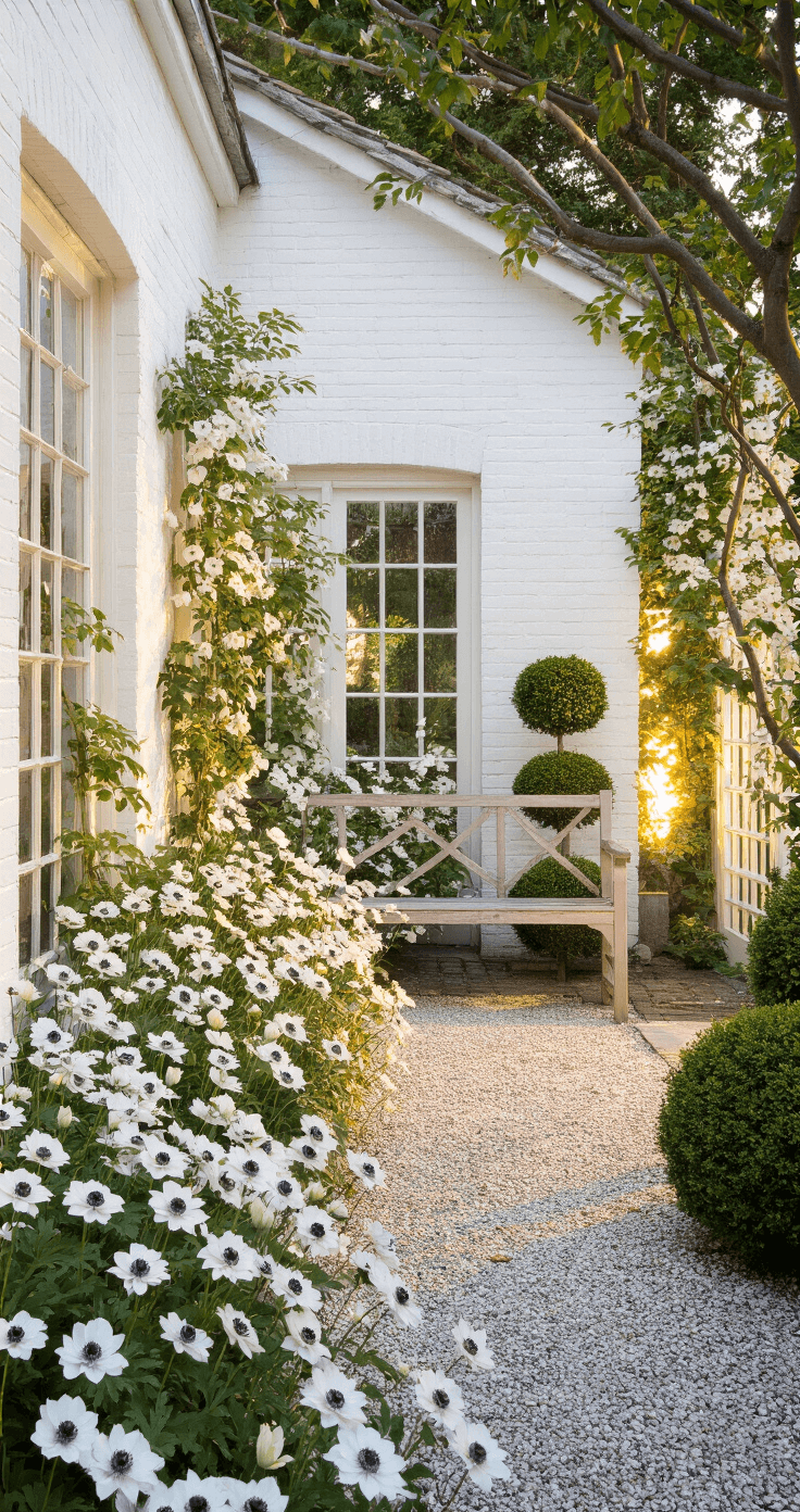 Golden hour illumination of a white garden room, with white-washed brick walls adorned in clematis, framed by swaying white Japanese anemones and structured topiary balls, leading to a rustic wooden bench along a gravel path.