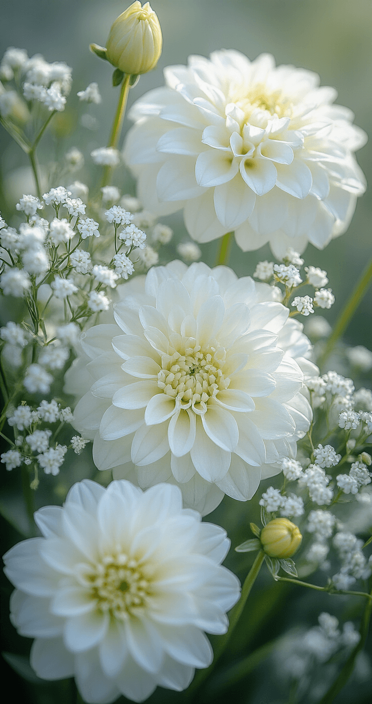 Ultra-close detail of various white flowers, including ruffled lisianthus, delicate baby's breath, and structured white dahlia, with crystal dew drops reflecting morning light. The shallow depth of field isolates each bloom, highlighting intricate petal details under cool, clean lighting.