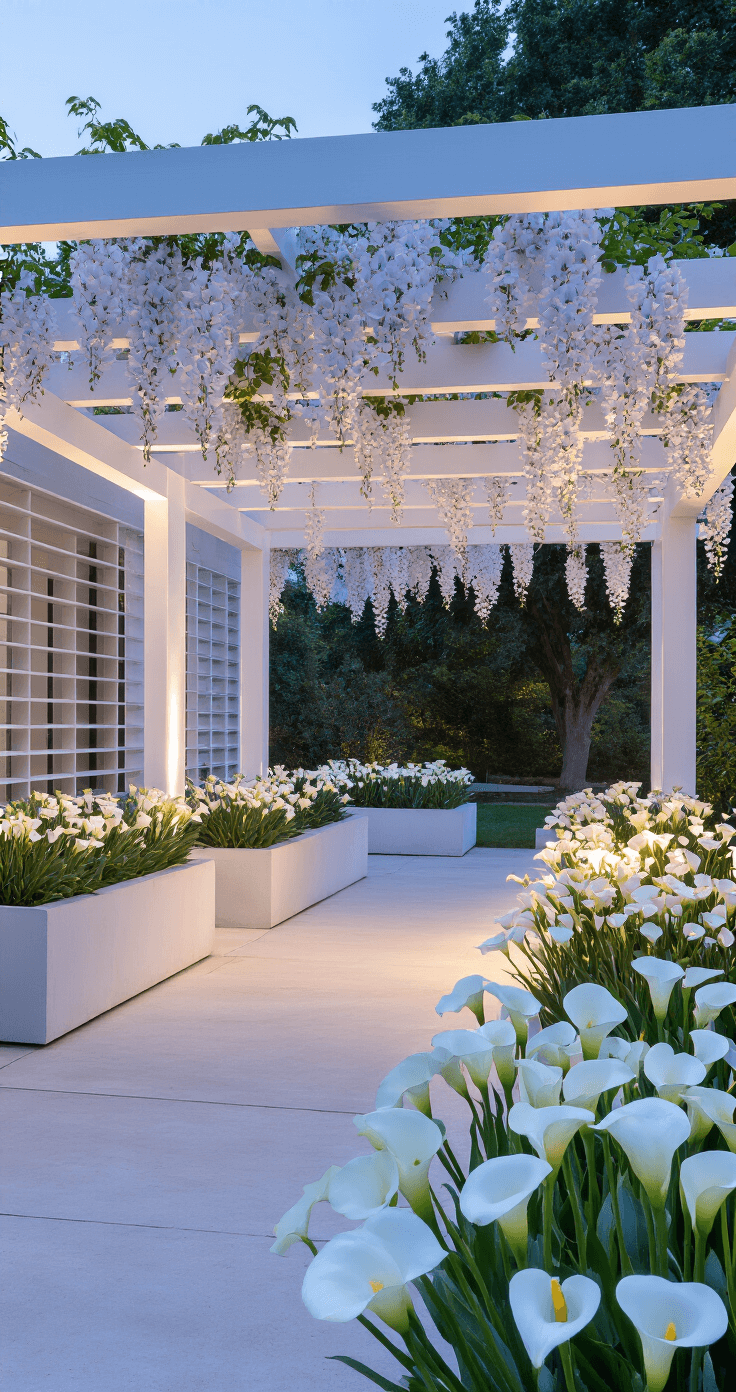 A modern outdoor garden space featuring a white pergola, cascading white wisteria, and clean-lined concrete planters filled with white agapanthus and calla lilies, illuminated by LED uplighting at dusk.