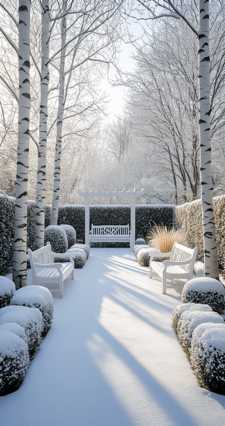 A snow-dusted formal garden with white-barked birch trees, frosted topiary, ornamental grasses, white benches, and trellises, all illuminated by the low winter sun casting long blue shadows on the snow.