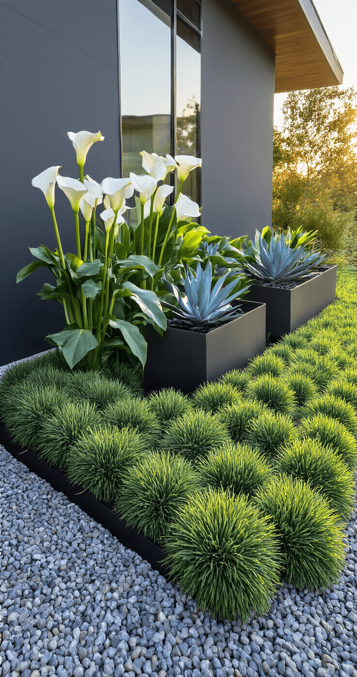 A modern minimalist flower bed during golden hour, featuring black mondo grass borders, tall white calla lilies against a charcoal gray home, and sculptural blue agave in steel planters, with dramatic shadows on gravel mulch. Flower Beds