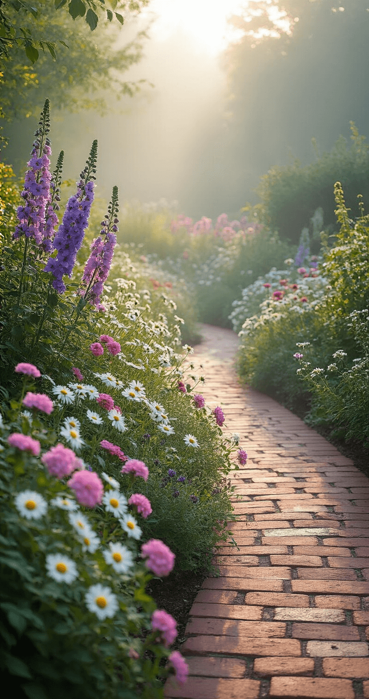Intimate morning scene of a cottage garden bed overflowing with pink phlox, purple delphinium, and white shasta daisies, dew-kissed and illuminated by soft light, framed by a weathered brick path, with spider webs glistening in the misty air.