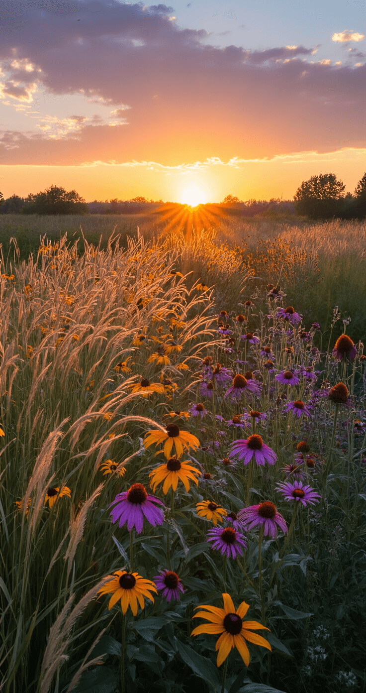 Dramatic twilight view of a natural-style Prairie Wild garden in full summer bloom, featuring tall waves of native grasses backlit by the setting sun, with black-eyed susans and purple coneflowers mingling, creating an ethereal glow in warm bronze, gold, and purple tones.