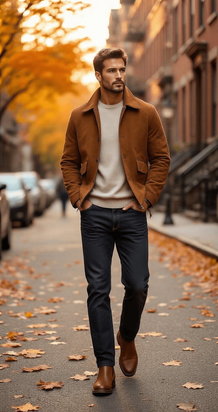A confident male model walks down a brownstone-lined street during golden hour, wearing a camel merino wool sweater, white crew neck, dark wash jeans, and brown leather Chelsea boots, with a suede bomber jacket catching the warm autumn light; falling maple leaves in vibrant colors add to the scene.