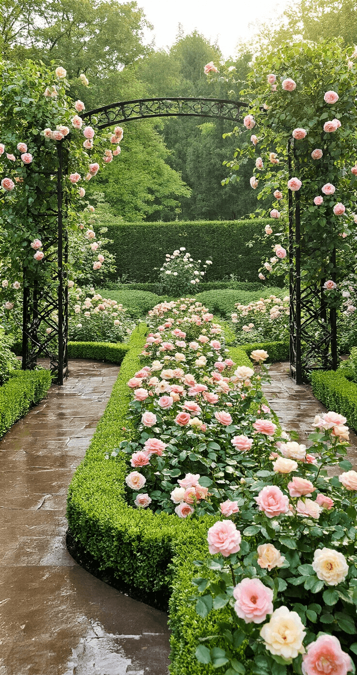 Afternoon portrait of a formal English garden featuring symmetrical boxwood hedges and beds of classic David Austin roses in soft pink and cream, accented by climbing roses on black iron obelisks, with glistening wet stones under filtered sunlight.