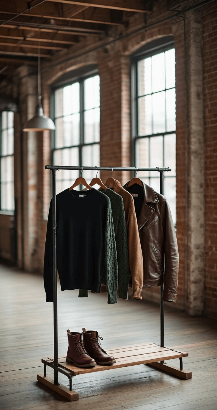 Interior of a minimal industrial-style loft featuring exposed brick walls and large windows bathed in morning light. A wooden clothing rack is thoughtfully arranged with a fitted black crew neck tee, forest green cable knit sweater, and distressed brown leather bomber jacket, accompanied by dark raw denim and burgundy combat boots, all captured at a 45-degree angle with soft, diffused lighting.
