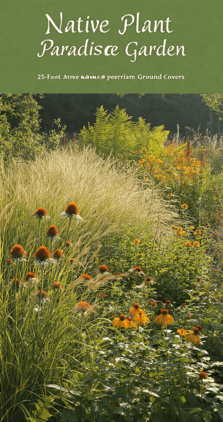 Morning light shines on a lush Native Plant Paradise garden, featuring a 25-foot naturalistic bed with 5-foot native grasses, mid-height perennials, and ground covers like Joe Pye weed and butterfly milkweed. Dew drops glisten on seed heads, while an earthy color palette of sage green, russet, and gold highlights the diverse flora from a ground-level perspective.