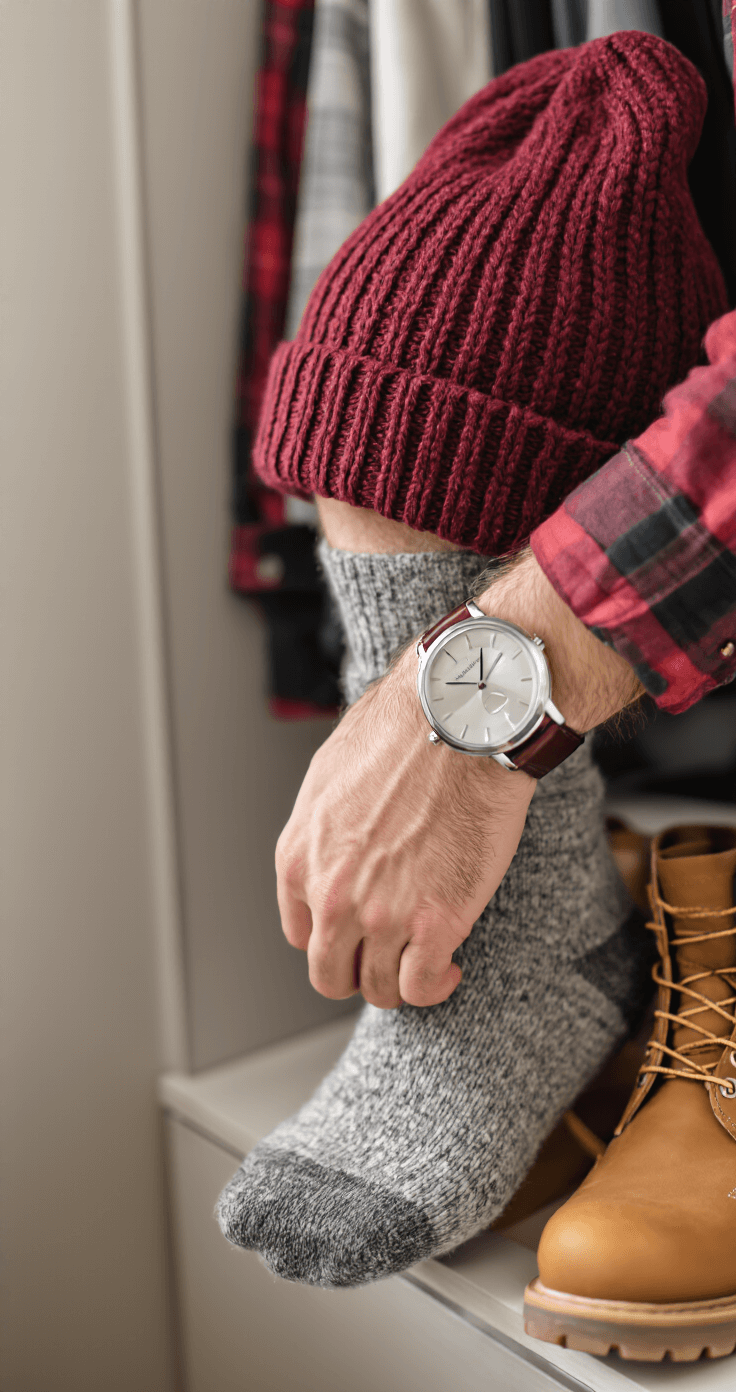 Close-up of a modern apartment's walk-in closet featuring a rich burgundy knit beanie, a minimal silver watch reflecting light, and thick heather gray wool socks peeking above brown leather boots, with earth-toned flannel shirts and sweaters softly blurred in the background, highlighting textile textures and material quality.