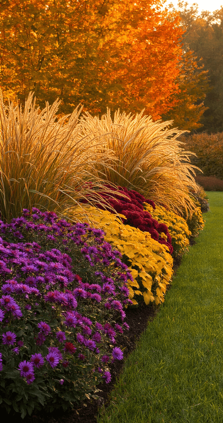 A vibrant sunset illuminates a four-season interest garden bed in peak fall color, showcasing a layered 30-foot mixed border with 6-foot ornamental grasses, mid-height mums, and creeping sedums. Backlit miscanthus plumes glow copper against deep purple asters, creating a warm palette of amber, burgundy, and bronze.