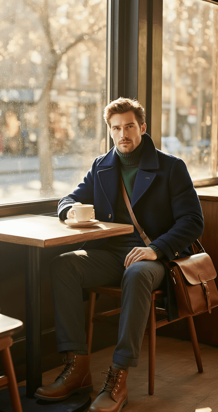 A male model in a navy wool peacoat and forest green cashmere sweater sits at a window table in a cozy coffee shop corner, with a leather messenger bag and brown boots nearby. Golden sunlight streams through the window, casting dramatic shadows and creating a soft bokeh effect.