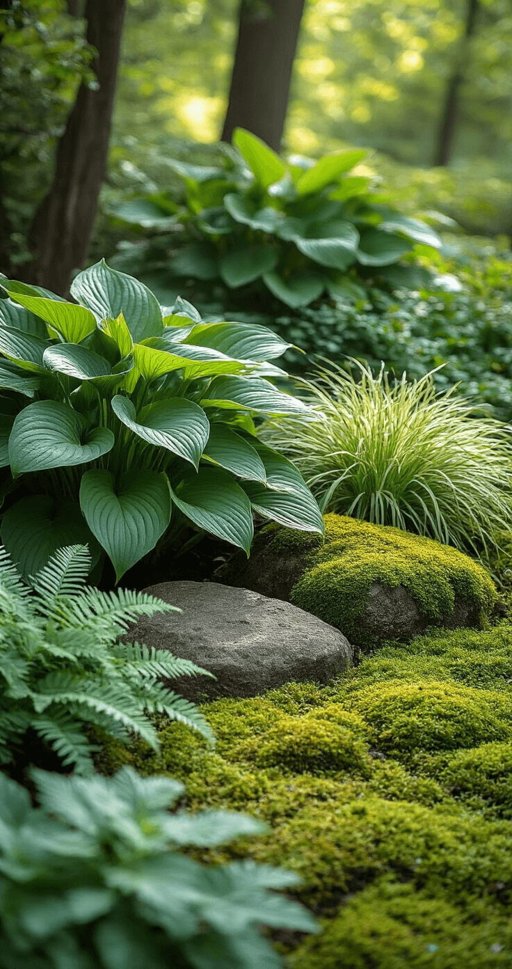 Close-up of a woodland garden bed featuring large hostas, delicate Japanese forest grass, and lacy ferns, with moss-covered rocks and water droplets on leaves, illuminated by soft afternoon light and dappled shade.