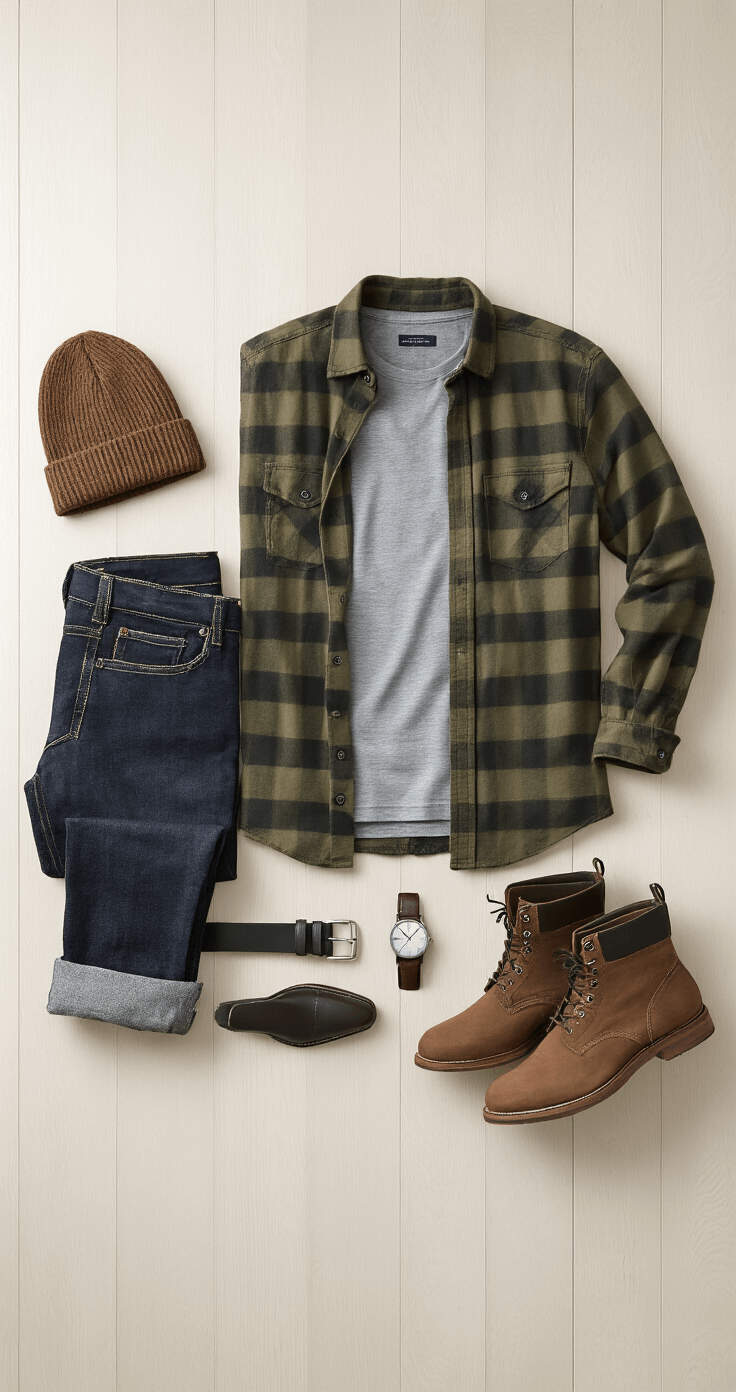 Flat-lay of a modern menswear outfit on a pale wooden floor, featuring a gray fitted tee, olive flannel shirt, dark wash denim, and a black leather belt with a minimal silver buckle. Accessories include a leather watch, wool beanie, and brown suede boots, all arranged under soft, even studio lighting.