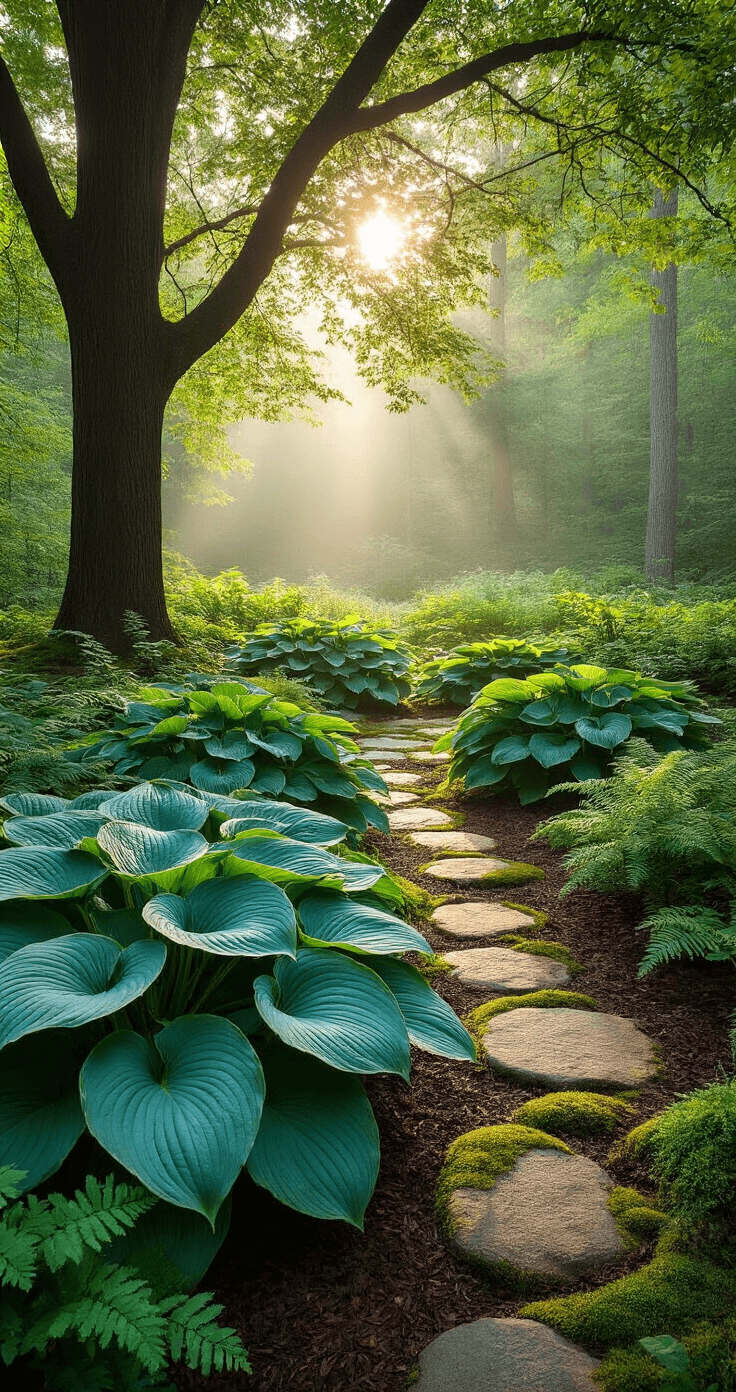 A peaceful woodland garden at dawn featuring large 'Empress Wu' hostas with blue-green leaves, surrounded by 'Night Before Christmas' and 'Sum and Substance' hostas, native ferns, and moss-covered stones forming a winding path, all illuminated by soft golden sunlight filtering through mature maple trees with morning mist enhancing the serene atmosphere. Hosta Gardens