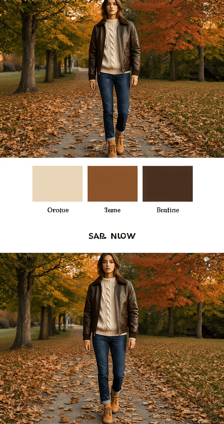 A model in a dark brown leather bomber jacket, cream cable-knit sweater, indigo jeans, and weathered tan boots walks along a leaf-strewn path in an autumn park at sunset, with vibrant autumn colors in the background, captured from a slight low angle.