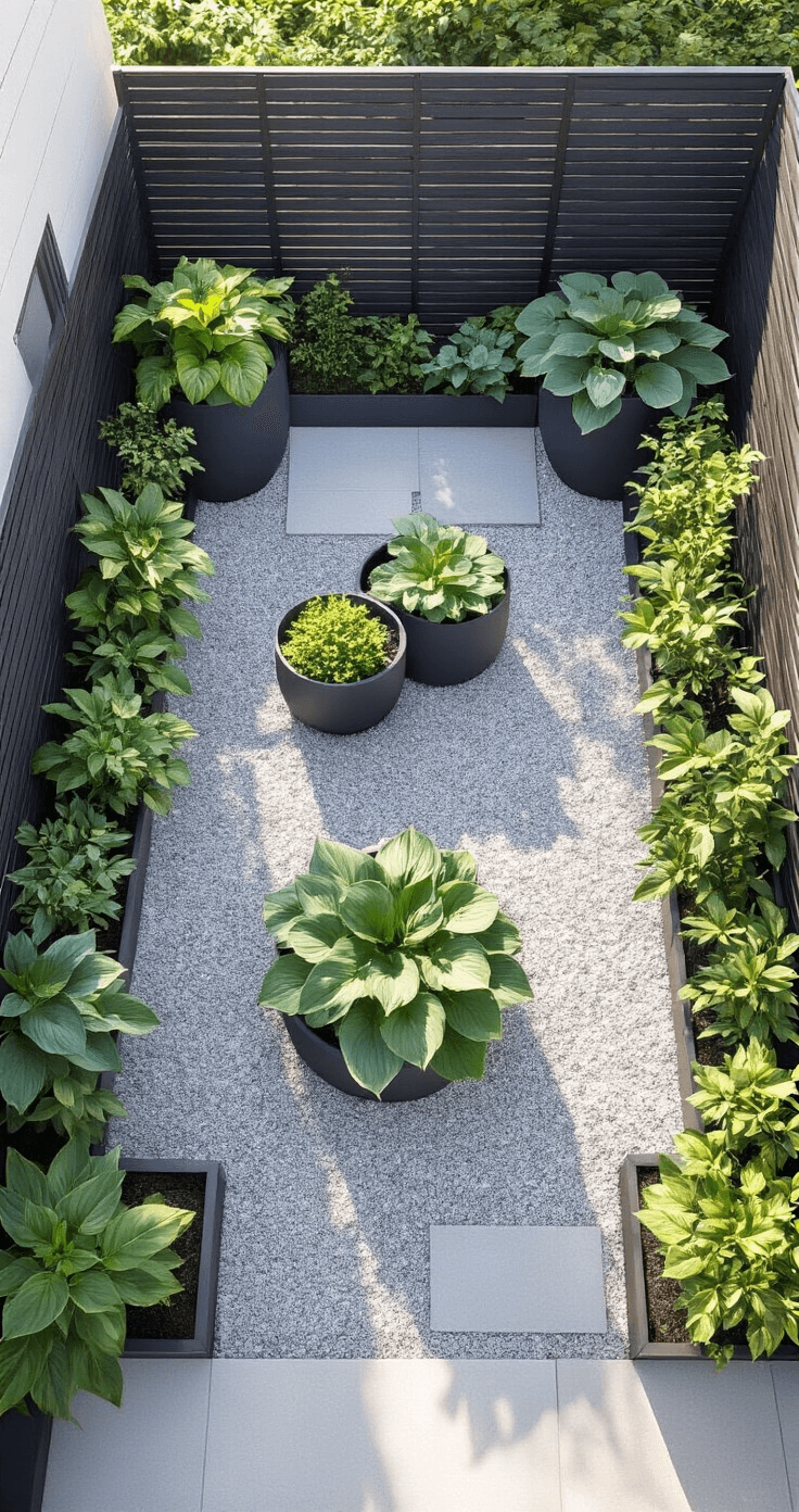 Aerial view of a modern urban courtyard featuring a 12x12ft space enclosed by dark wooden fencing, with late afternoon sunlight casting dramatic shadows. Charcoal containers display geometric groupings of hostas, including tiny 'Blue Mouse Ears' and medium 'June,' surrounded by light gray crushed granite pathways and steel edging.