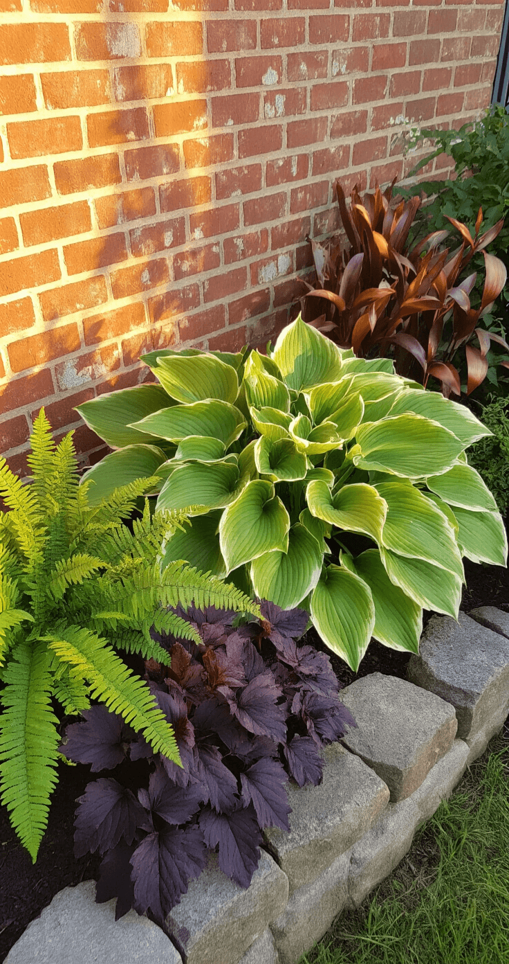 A tranquil garden scene at golden hour featuring 'Guacamole' hosta with lime-green leaves and dark green margins, surrounded by Japanese painted ferns and deep purple heuchera, along a weathered brick wall, with copper garden art and natural stone edging.