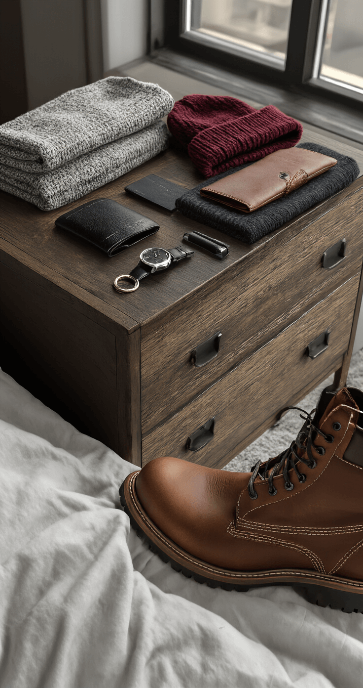 A morning bedroom scene showcasing an industrial-modern aesthetic, featuring a dark wood dresser adorned with a minimal black leather watch, a brown leather wallet, a silver key ring, wool socks, and a burgundy knit beanie. In the foreground, leather boots are being polished, with natural side lighting from a large window enhancing the textures of the accessories and furniture.