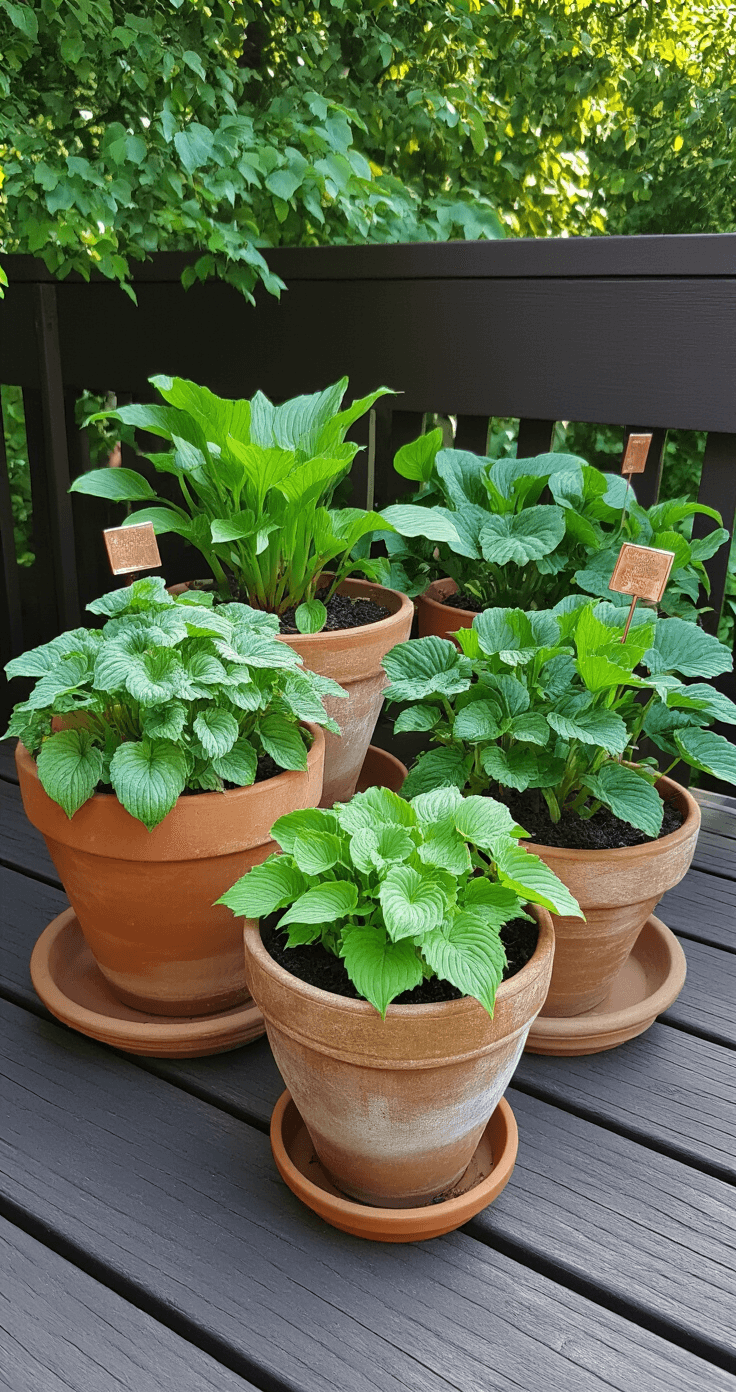 A collection of weathered terracotta pots containing miniature hostas, including 'Blue Mouse Ears', 'Pandora's Box', and 'Mighty Mouse', arranged on a dark vintage wooden deck in early morning light, accented with copper plant markers and showcasing varying heights for visual interest.