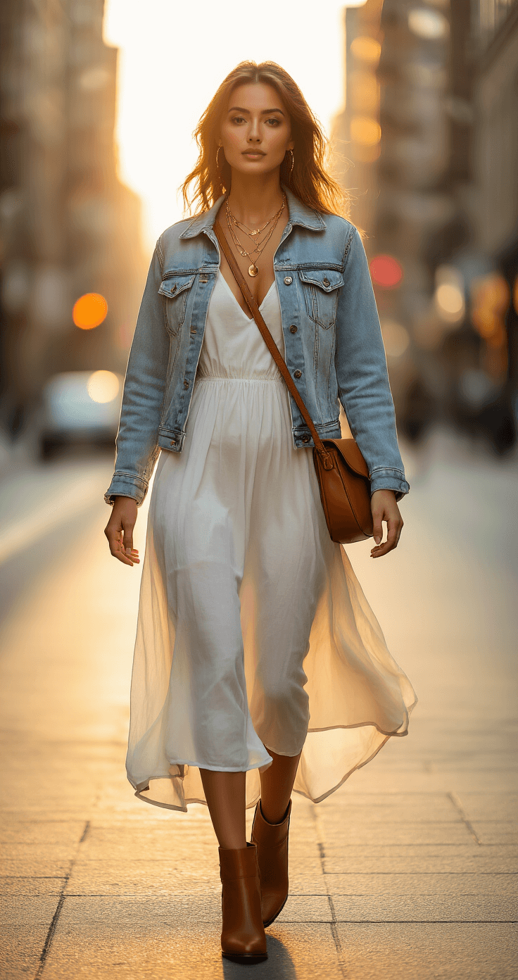 A stylish woman in a white midi dress and light wash denim jacket walks confidently on a sunlit urban street corner, with brown leather ankle boots and layered gold necklaces catching the light. Her cognac brown crossbody bag swings at her side, captured from a low angle amidst a bokeh of urban lights in a cinematic 35mm style.