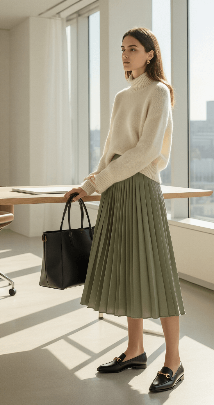 A model in a sage green pleated midi skirt and ivory cashmere sweater stands by a sleek desk in a bright, airy minimalist office with floor-to-ceiling windows. She wears black leather loafers, carries a structured black leather tote, and has a tortoiseshell hair clip, with the focus on her outfit details in the professional photography setting.