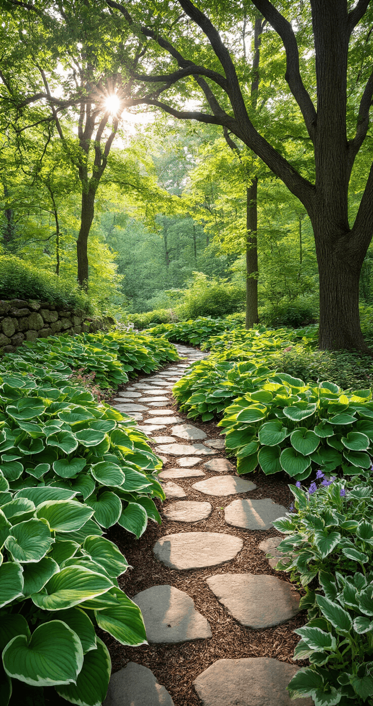 A lush woodland path lined with giant 'Sum and Substance' hostas and white-edged 'Patriot' hostas, meandering beneath tall oak trees. Dappled afternoon light casts dynamic patterns on the stepping stone pathway, framed by a natural stone retaining wall and vibrant native woodland flowers adding splashes of color.