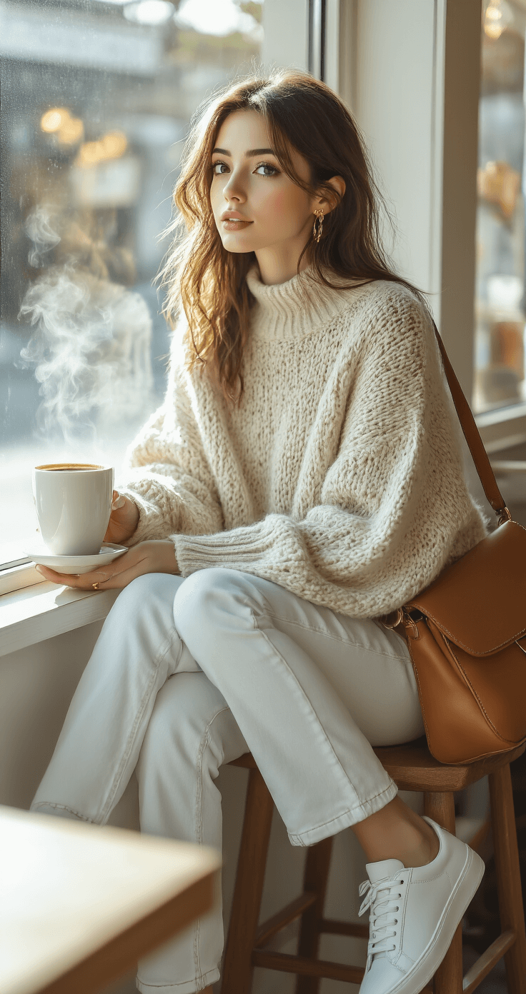 A woman in white straight-leg jeans and an oversized oatmeal knit sweater sits at a window counter in a cozy coffee shop, her clean white leather sneakers and camel leather shoulder bag complementing her casual luxe style. Soft afternoon light casts shadows, and steam rises from her coffee cup, creating a warm atmosphere.