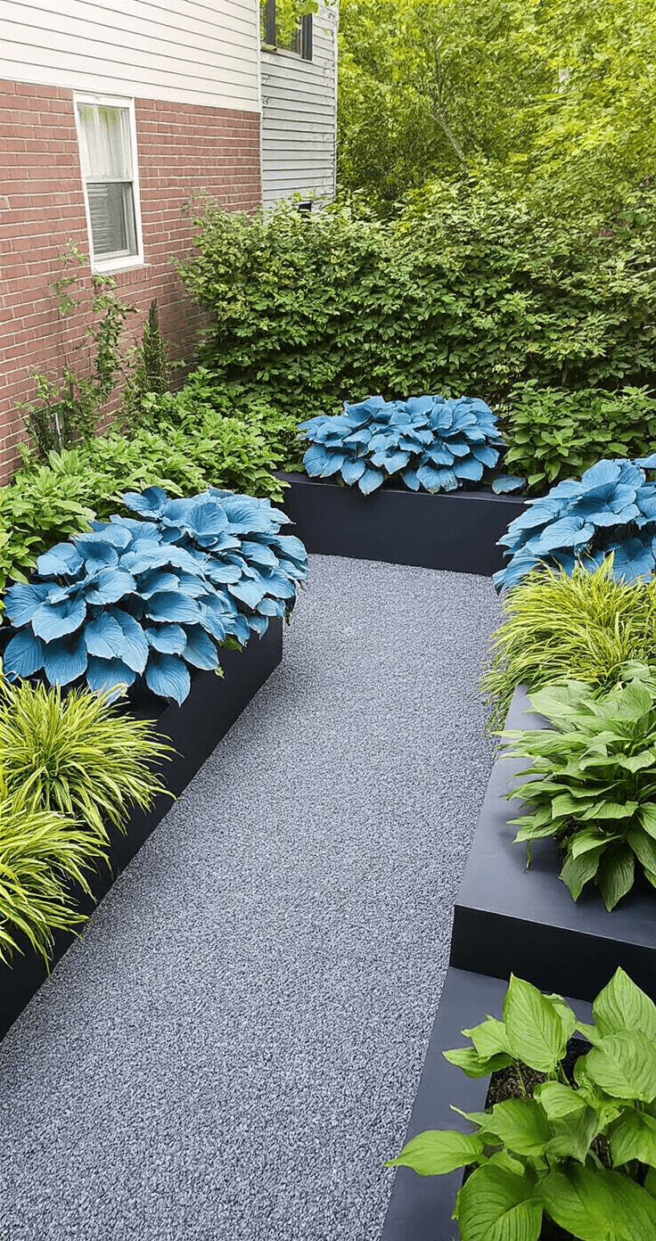 A contemporary shade garden in an urban backyard, featuring geometric beds filled with blue 'Halcyon' hostas and gold 'Sun Power', accented by black mondo grass. Modern steel planters hold specimen hostas, while charcoal gray gravel paths define the space under mid-morning light and subtle cloud cover.