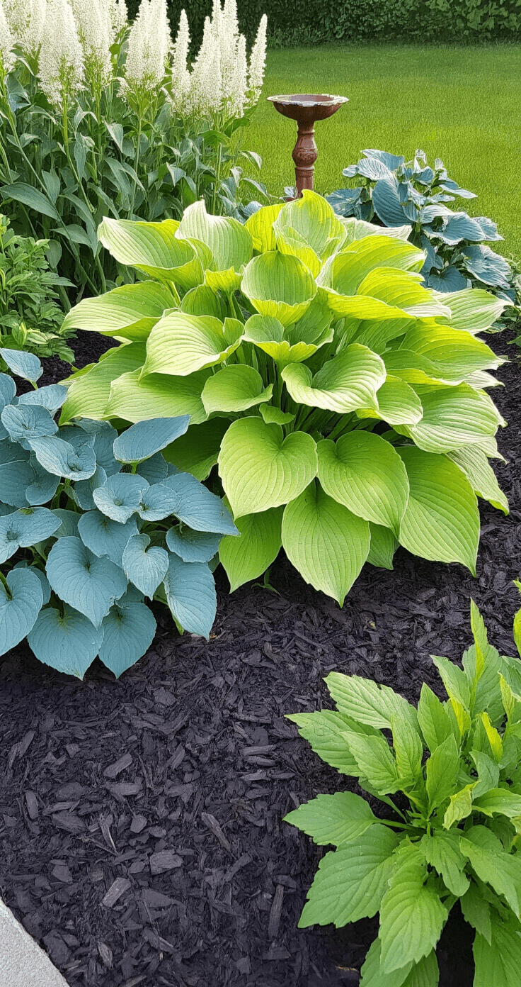 Close-up view of a vibrant corner garden bed at dawn, featuring the 'Dancing Queen' hosta with ruffled chartreuse leaves at the center, surrounded by blue 'First Frost' hostas. Delicate white astilbe plumes rise above dark mulch, while an aged copper birdbath glimmers in the soft morning light, capturing the intricate leaf textures and morning dew.