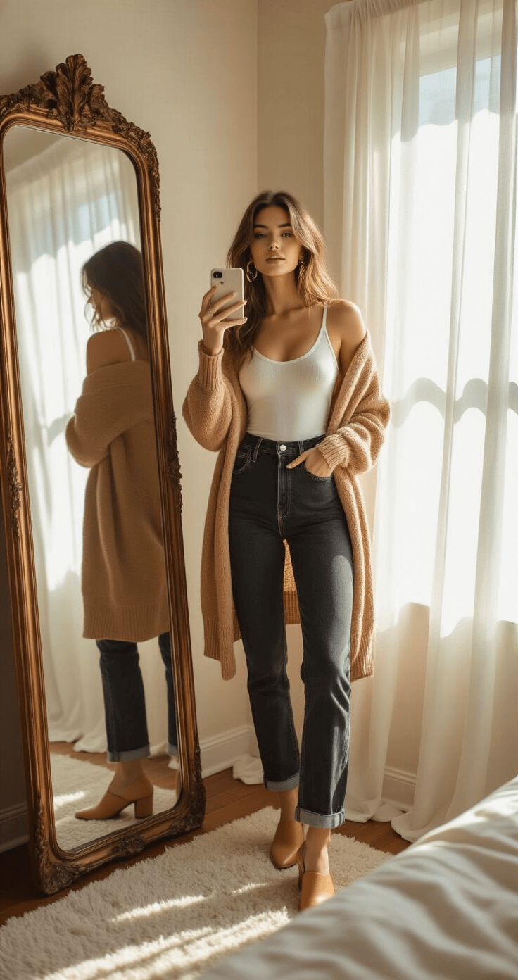 A sunlit bedroom corner featuring a vintage full-length mirror, reflecting a person in high-waisted dark wash jeans, a white cotton bodysuit, and a camel wool cardigan. Gold hoop earrings, layered rings, and cream leather mules are visible in the mirror. Soft morning light filters through sheer curtains, creating an ethereal atmosphere.