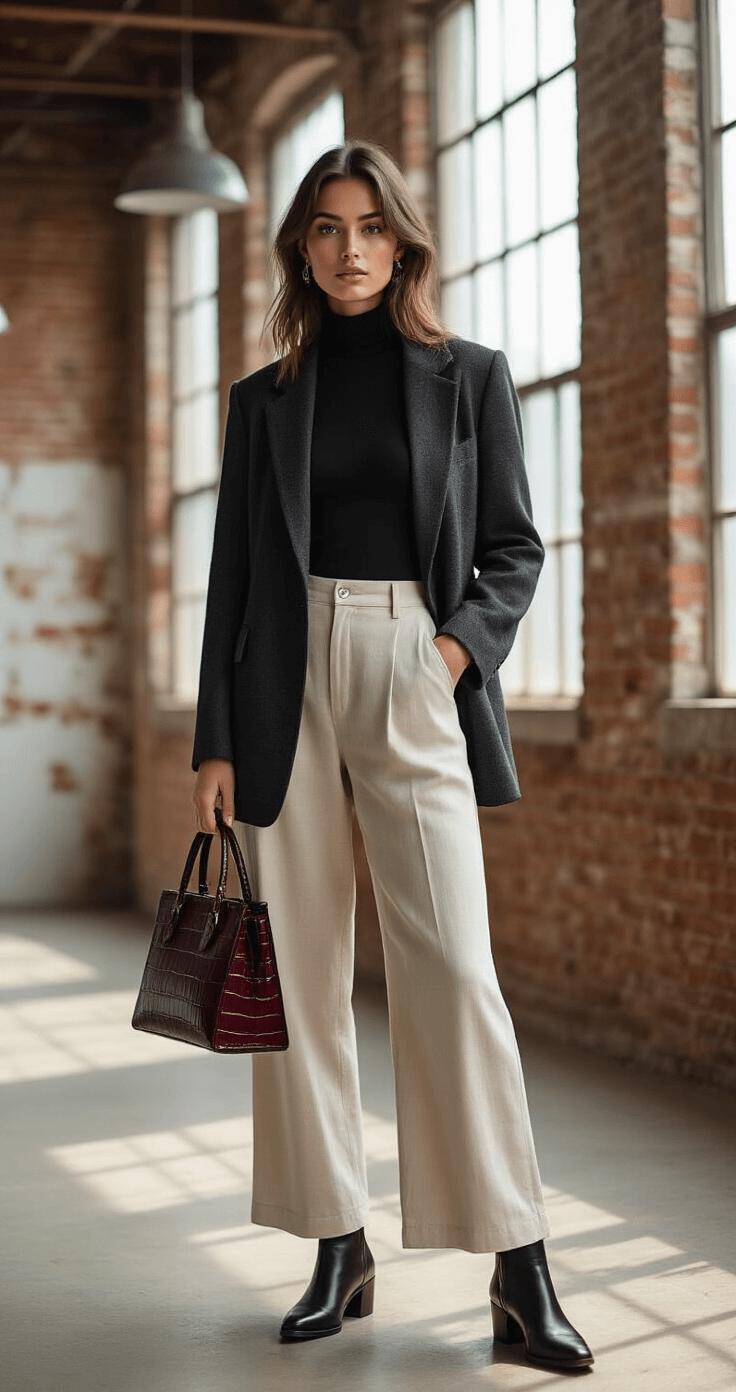 Model in cream wide-leg linen pants, fitted black turtleneck bodysuit, and oversized charcoal wool blazer, posing naturally in an industrial loft with exposed brick and factory windows. Accented with black leather Chelsea boots, minimal silver jewelry, and a deep burgundy croc-effect bag, the scene captures afternoon light reflecting off surfaces.