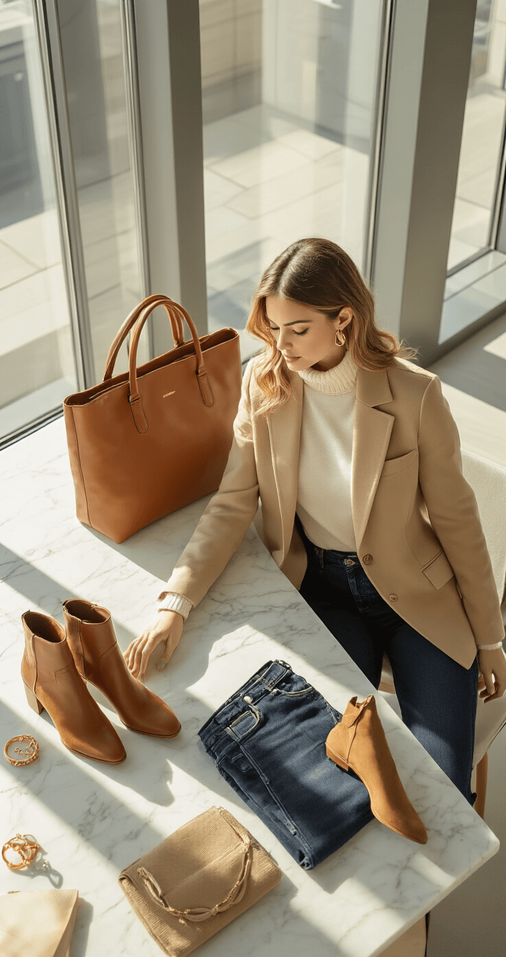 A sunlit minimalist office space viewed from above, showcasing a cream turtleneck, camel blazer, and dark wash jeans on a white marble desk, with a brown leather tote and suede ankle boots nearby, illuminated by natural light from floor-to-ceiling windows.