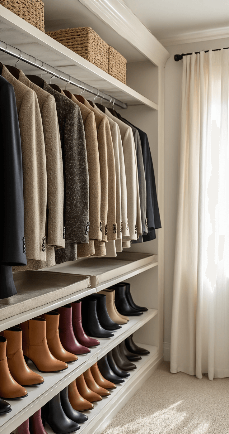 A bright walk-in closet featuring an organized fall workwear section with a rack of neutral blazers in wool, tweed, and silk blend, complemented by a collection of ankle boots in camel, black, and burgundy leather, all illuminated by soft afternoon light through sheer curtains.