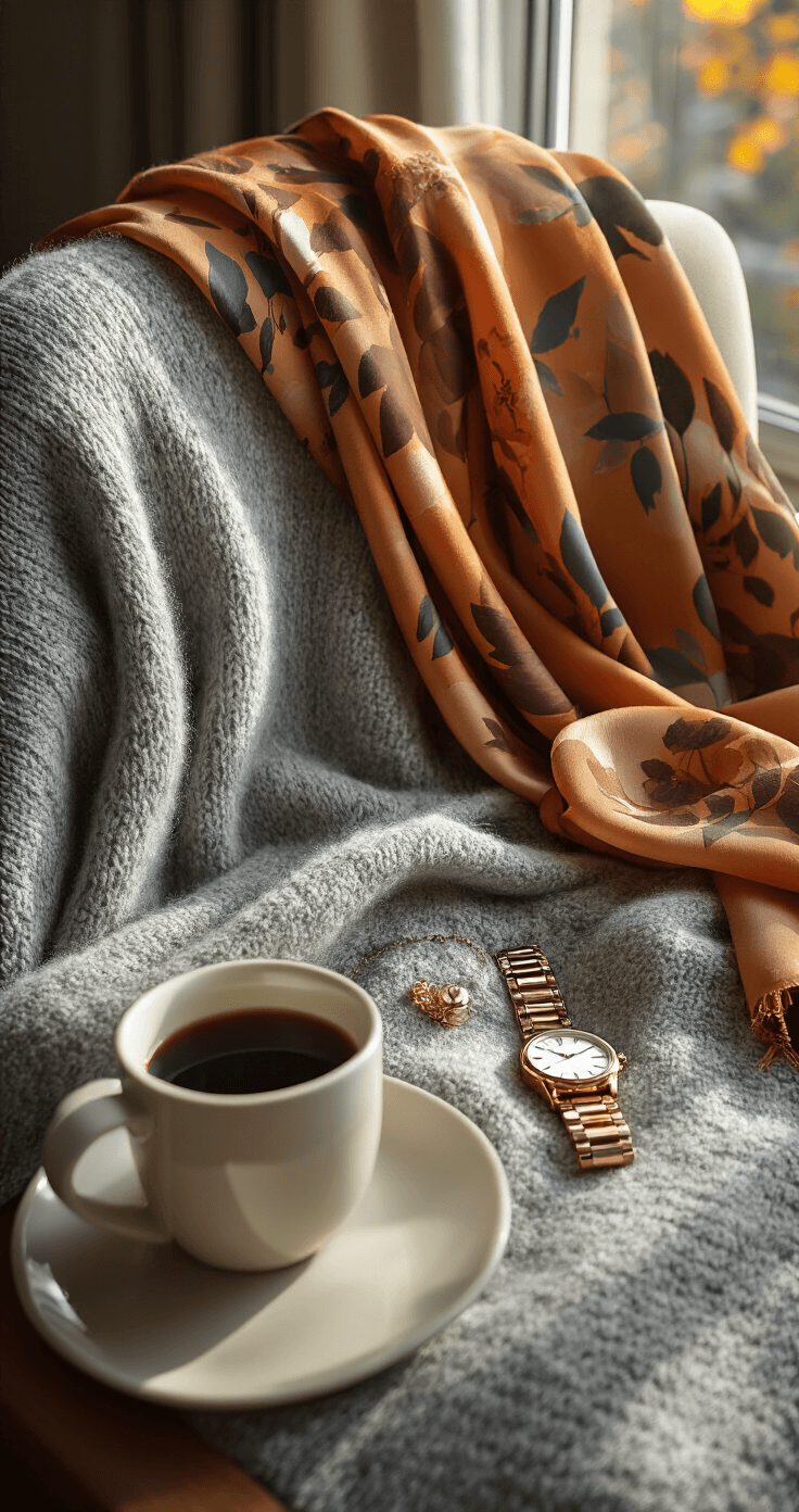 A cozy home office corner featuring a heather grey cashmere sweater draped over a chair, an autumn-toned silk scarf, a sleek watch, and minimal gold jewelry, all illuminated by warm morning light casting soft shadows. The textures of the textiles are captured in macro detail.