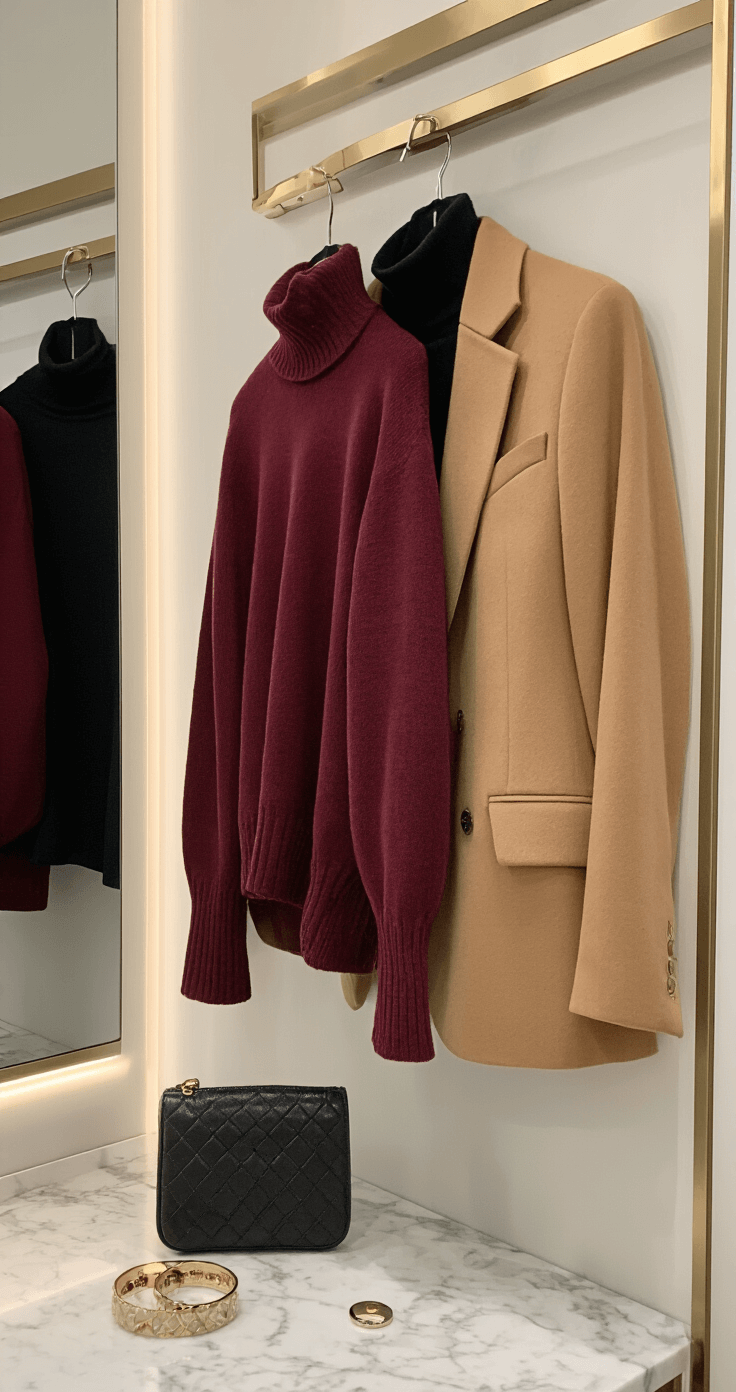 A boutique dressing room featuring layered clothing on elegant hooks: a black turtleneck, a burgundy sweater, and a camel wool blazer, with stylish accessories on a marble shelf below, captured with a portrait lens for a soft bokeh background.
