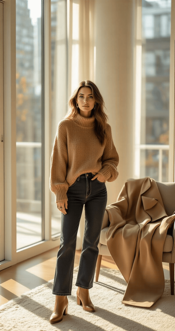 10 Must-Have Fall Outfits Every Woman Needs In Her Wardrobe A fashion-forward woman in her 30s wearing a camel chunky knit sweater and dark wash straight-leg jeans poses in a modern apartment living room with floor-to-ceiling windows, golden hour light illuminating the space, minimal gold jewelry, warm leather ankle boots, and a classic trench coat draped over an accent chair.