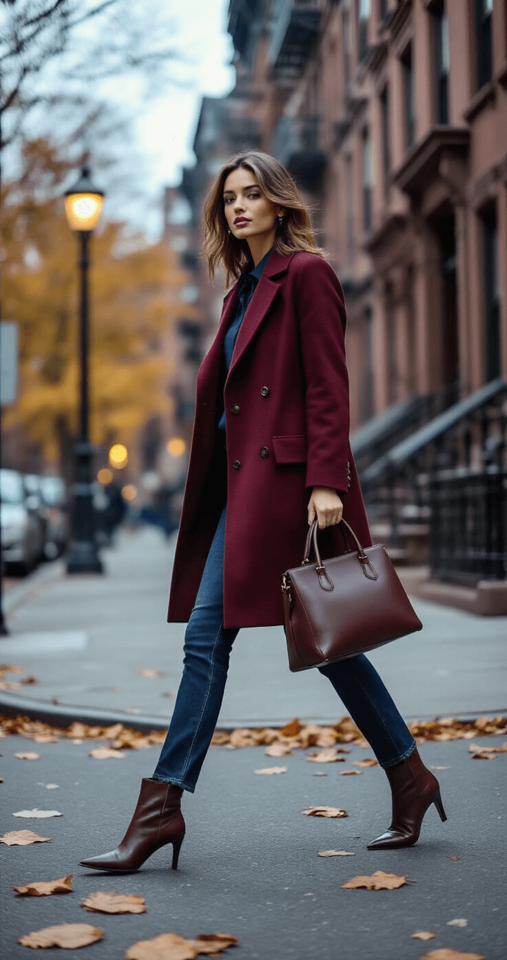 10 Must-Have Fall Outfits Every Woman Needs In Her Wardrobe Model in a burgundy wool coat and navy blouse walks mid-stride on an urban street corner at blue hour, with historic brownstones in the backdrop and autumn leaves scattered on the sidewalk, while a structured chocolate brown handbag sways naturally.