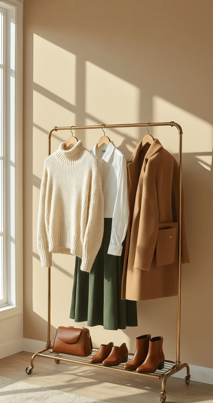 10 Must-Have Fall Outfits Every Woman Needs In Her Wardrobe Minimalist bedroom featuring a rust-colored accent wall bathed in late afternoon sunlight, highlighting a capsule wardrobe on a brass clothing rack that includes a cream cashmere sweater, camel coat, white button-down, and forest green midi skirt, with brown leather accessories and boots arranged below.